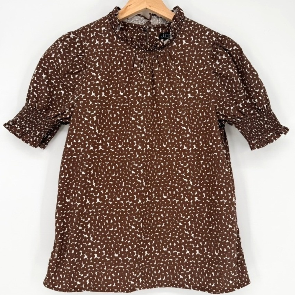 J.Crew Brown Floral Dot Puff Sleeve Smocked Ruffle Neck Top XS Mod‎ Academia